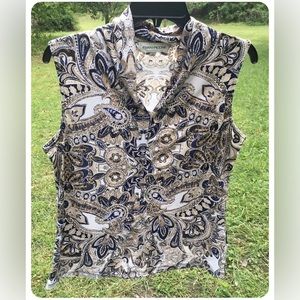 Evan Picone Womens M Printed Sleeveless Split Neck Top Blouse brown navy